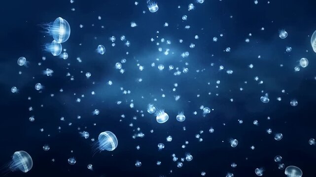 Ethereal underwater scene featuring a mesmerizing swarm of jellyfish gracefully floating in deep blue waters. Captivating marine life showcasing the beauty of ocean ecosystems