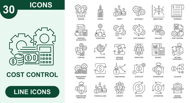 Cost Control, Outline Vector Icons. Editable Stroke Icons Set. manage, saving, profit, efficiency, break point, expenses, mortgage calculation, structure, fixed cost, cost variable and more.