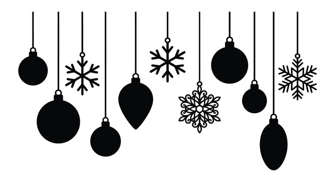 christmas ornaments and snowflakes in black silhouette hanging decorations winter holiday festive ornament shapes snowflake patterns