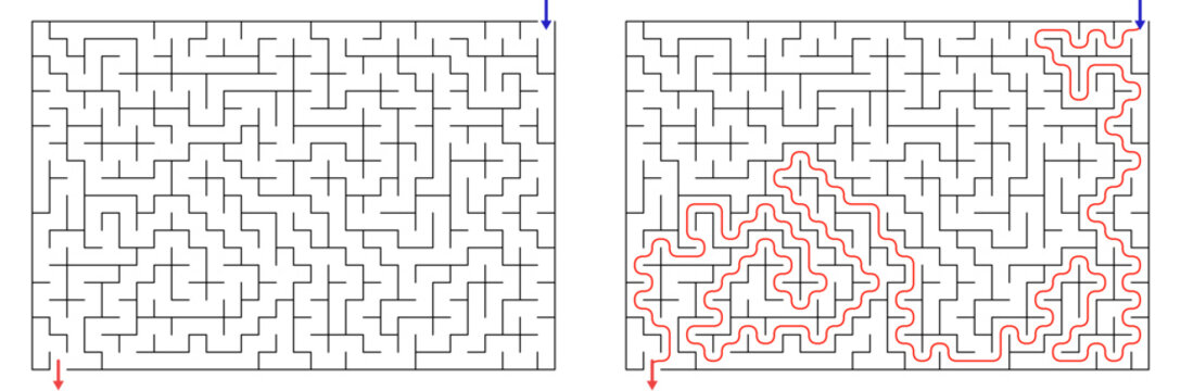 Maze with original paths and highlighted solution in red  