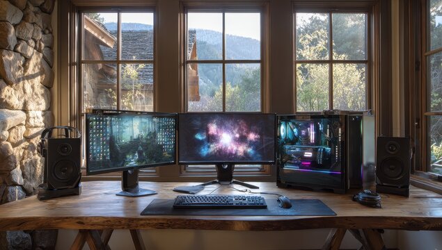 Rustic wooden desk setup with triple monitors displaying colorful digital art and a powerful computer tower in a sunlit room with a stone wall and large windows overlooking trees and mountains