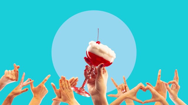 Red foam cocktail raised above cheering hands in bright stop motion party scene. Concept of celebration banner, bar menu promo, nightlife advertising, festival poster and social media party design.