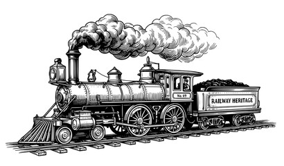 Historic Steam Train Antique Engraving Style Vector Railway Illustration © MstChufia