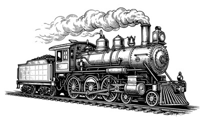Vintage Steam Locomotive Engraving Vector Illustration with Smoke and Railway Tracks © MstChufia