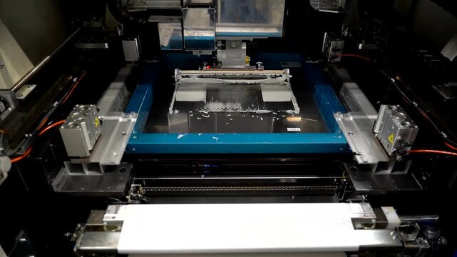 Automated stencil printer applying solder paste onto PCB in SMT production line for electronics assembly