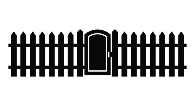 picket fence with arched gate silhouette black white background vector graphic boundary entrance property security architecture