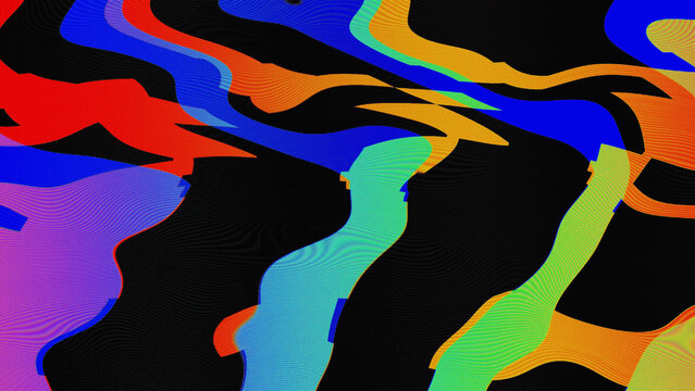 Neon red, blue, and yellow glitch halftone with datamosh dot pattern and analog distortion on black. Anchors a cyberpunk rave poster and music branding composition with raw high-contrast energy