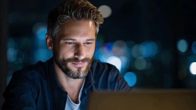 Focused man working late at night on a laptop, illuminated by soft light amid the glow of city lights in the background, showcasing concentration and determination.