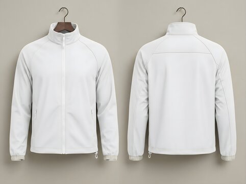 White softshell jacket mockup front and back view on hanger