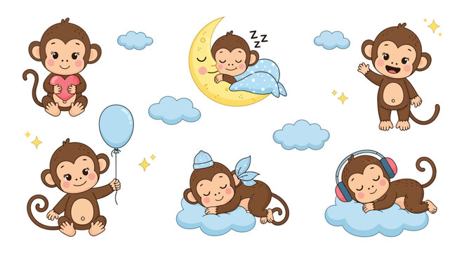 Cute Cartoon Monkey Set with Moon, Clouds, and Balloon