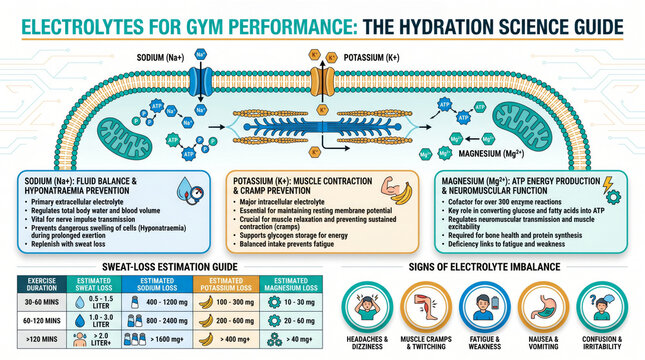 Electrolytes for gym performance hydration science guide with muscle cell ion diagram