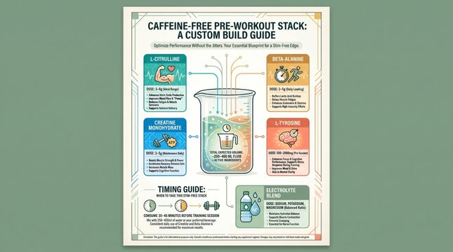 Caffeine-free pre-workout custom build guide with five ingredient mix infographic and timing chart