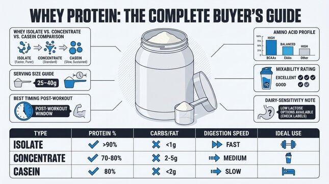 Whey protein buyer's guide infographic with isolate concentrate casein comparison chart