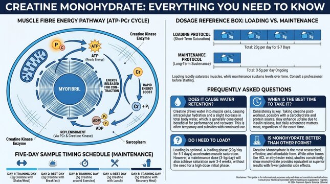Creatine monohydrate complete guide with ATP energy cycle diagram and dosage protocol