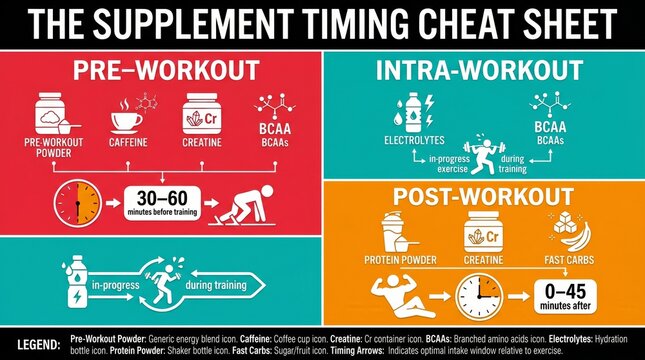 Supplement timing cheat sheet with pre-workout intra-workout and post-workout zones