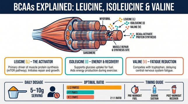 BCAAs explained guide with leucine isoleucine valine muscle diagram and dosage strip