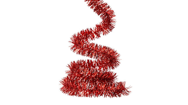 Sparkly red christmas tinsel garland shaped like a spiral tree holiday decoration, isolated on a transparent background