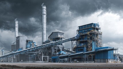Obraz premium Large industrial recycling plant factory with sorted scrap piles under a cloudy sky. AI generated image