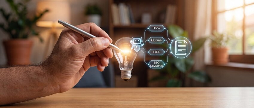 Hand holding pen pointing at glowing light bulb with ai robot and seo keywords icons floating above symbolizing innovative ideas and online marketing strategies in a cozy office setting