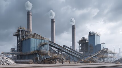Obraz premium Large industrial recycling plant factory with sorted scrap piles under a cloudy sky. AI generated image