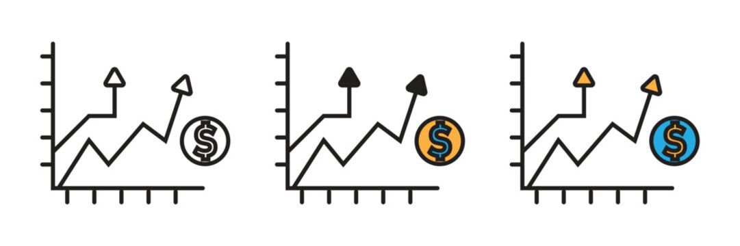 Finance and Dollar Growth Icon. Vector icon set of financial business growth chart with dollar currency coin element showing profitable investment and economic success analysis.