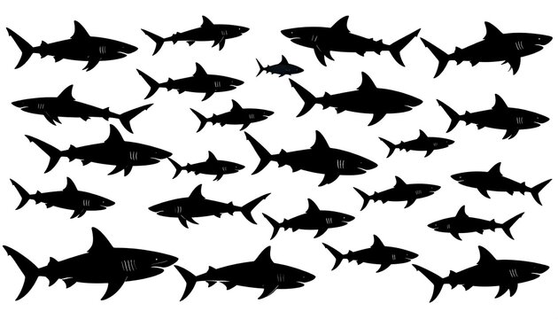 Black shark silhouettes of various sizes, creating a pattern against a white backdrop