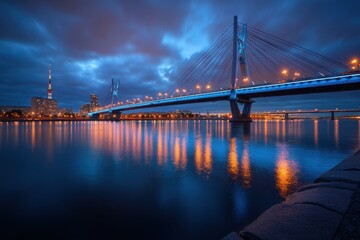 Fototapeta premium Vibrant Blue Illuminated Cable Stayed Bridge Spanning a Wide River at Twilight Reflecting Orange Lights on the Water with a City Skyline in the Distant Background Under a Dramatic Cloudy Sky