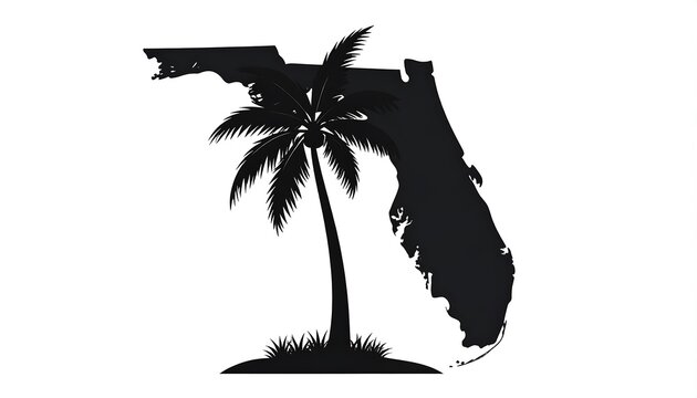 Black silhouette depiction of a palm tree and the outline of a U.S. state, set against a pristine white background
