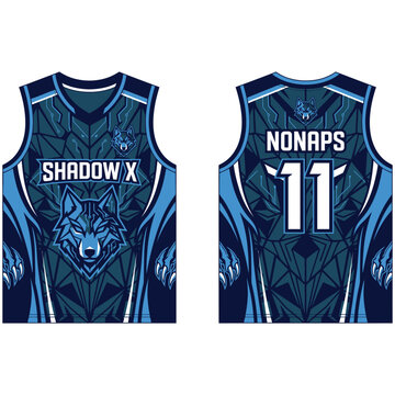 Detailed blue geometric wolf pattern basketball jersey uniform design