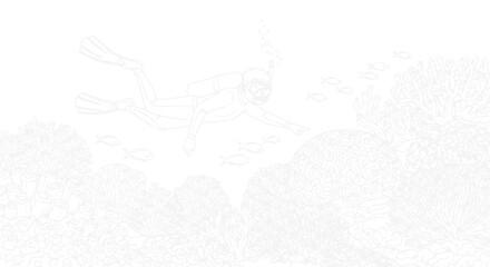 Underwater exploration, diver swimming over coral reef with small fish, minimalist line art. © Rglstrm