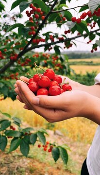 Handful of freshly picked ripe red cherries in farmer's hands