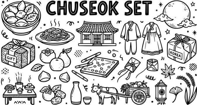 Black and White Line Art Doodle of Korean Chuseok Harvest Festival Set with Traditional Cultural Elements and Food Icons