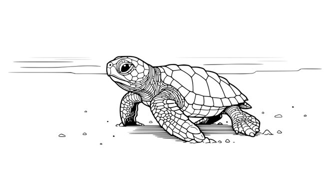 Baby sea turtle crawling on sandy beach towards ocean waves, line art illustration.