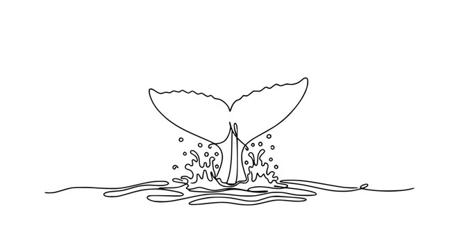 Whale tail diving into water, single line art, ocean splash, marine life illustration