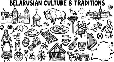 Hand-drawn Black and White Line Art Set Featuring Belarusian Culture, Traditions, Landmarks, Folk Costumes, Food, and National Symbols © louise