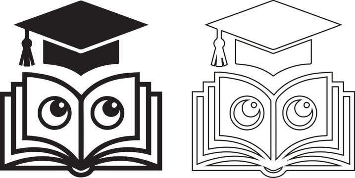 Minimalist graduation cap and book owl icons set featuring black filled and outlined designs with smiling face, symbolizing wisdom, education, learning, and academic success concepts
