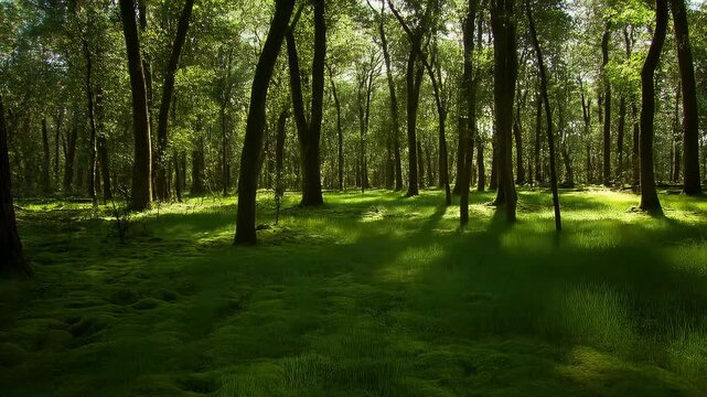 Lush green forest with sunlight filtering through trees, creating a serene and tranquil atmosphere. Ideal for nature lovers and outdoor enthusiasts