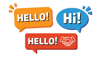  hello and hi speech bubble chat icons set with handshake symbol, friendly communication greeting labels, colorful conversation vector illustration © VectorCraze