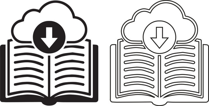 Minimalist cloud learning icons set featuring black filled and outlined book designs with cloud and download arrow, symbolizing digital education, e‑learning, and knowledge access concepts