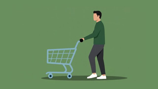 man walking and pushing an empty blue shopping cart animation on green background