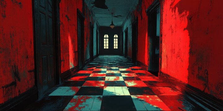Haunted Corridor of Dread: A dimly lit, blood-splattered corridor with a checkered floor and ominous red lighting evokes a sense of fear and suspense, suggesting a place of unspeakable horror.