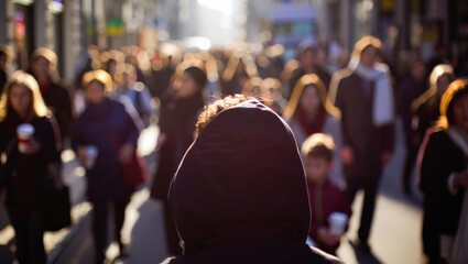 Fototapeta premium Hooded Commuter Stands Amid Busy Crowd On City Street, Shallow Depth Of Field Isolates Figure While Blurred Pedestrians Flow Around. Soft Bokeh Highlights Distant Lights, Cool Autumn Tones,