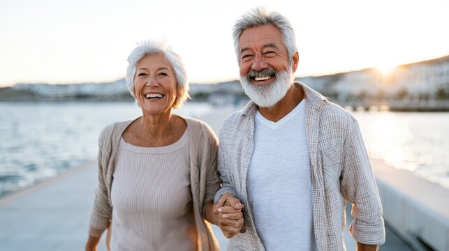 Happy Senior Couple Walking Hand in Hand Along Scenic Waterfront Promenade, Premium Retirement Planning and Healthcare Marketing Image

