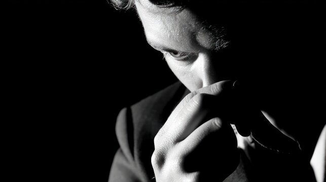 Man in deep thought black and white portrait silhouette and focus