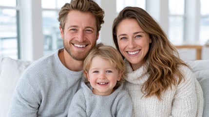 Fototapeta premium Happy Young Family Sitting Together on Modern Sofa in Bright Living Room, Lifestyle Marketing Photography, Home Insurance and Family Services Advertising Aesthetic