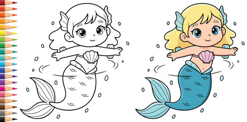 Mermaid cartoon princess with playful underwater pose and fantasy tail coloring page illustration © Vexello