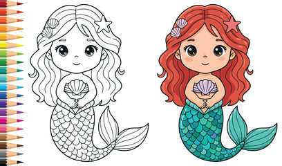 Mermaid cartoon princess with seashell crown and detailed fantasy tail coloring page artwork © Vexello