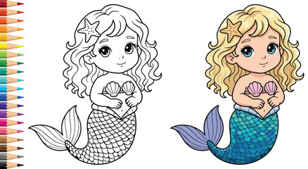 Mermaid cartoon princess with curly hair and starfish accessory fantasy coloring page artwork © Vexello