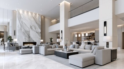 Naklejka premium Architectural Interior Photography of Elegant Luxury Hotel Lobby, High Ceilings, Premium Materials, Sophisticated Lighting Design, Warm Inviting Atmosphere, Hospitality Marketing Aesthetic