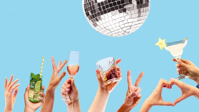 Disco party hands with cocktails and mirror ball in retro blue animation layout. Concept of club poster, cocktail bar advertising, event banner, nightlife promo and social media design template.